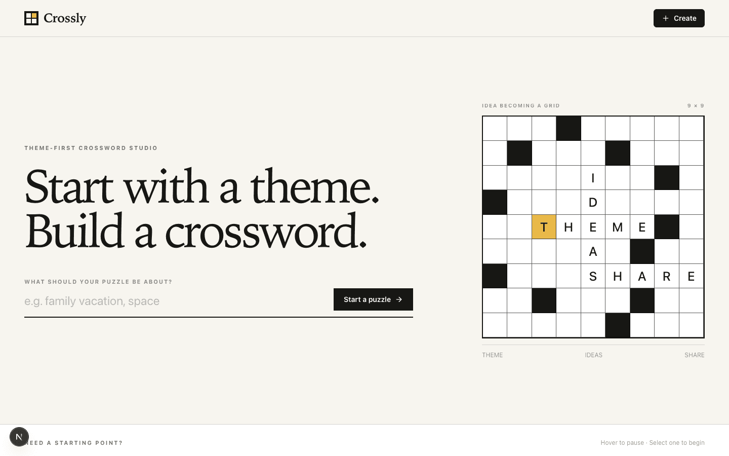 The Crossly crossword builder home screen with an AI-generated puzzle grid