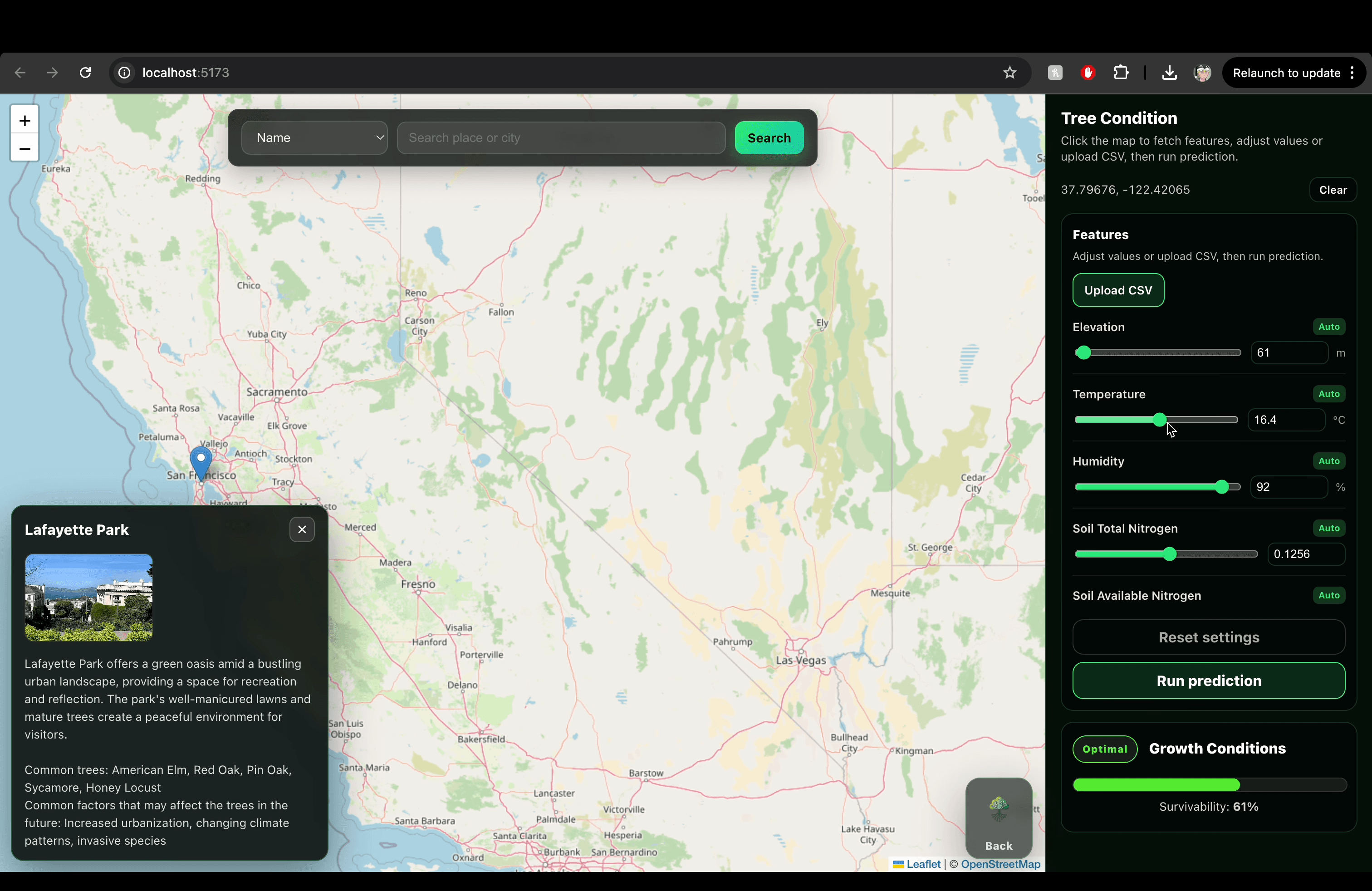 GrowWiseAI map interface showing tree condition inputs and predicted growth conditions