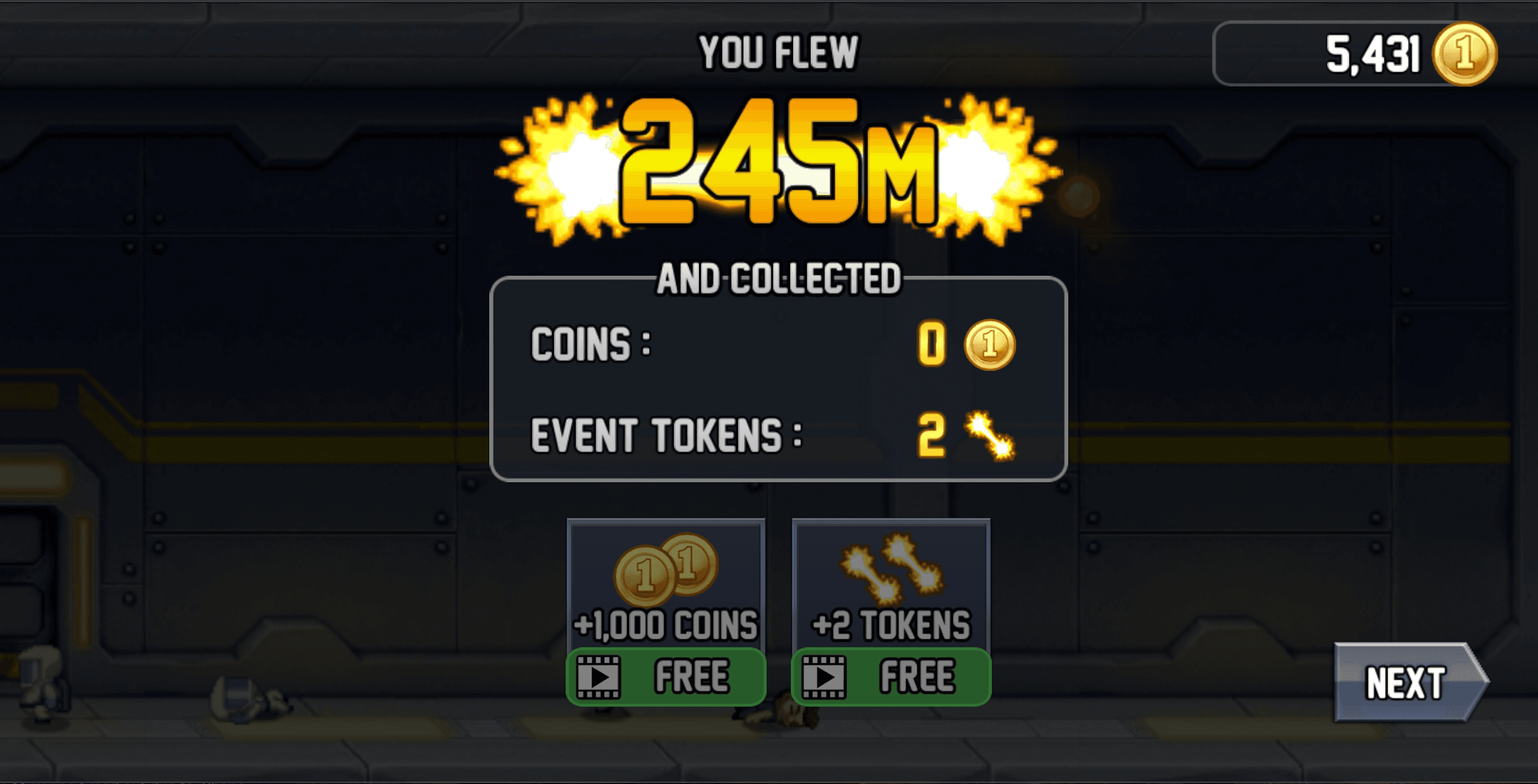 Java Joyride results screen showing a 245 metre flight and collected event tokens