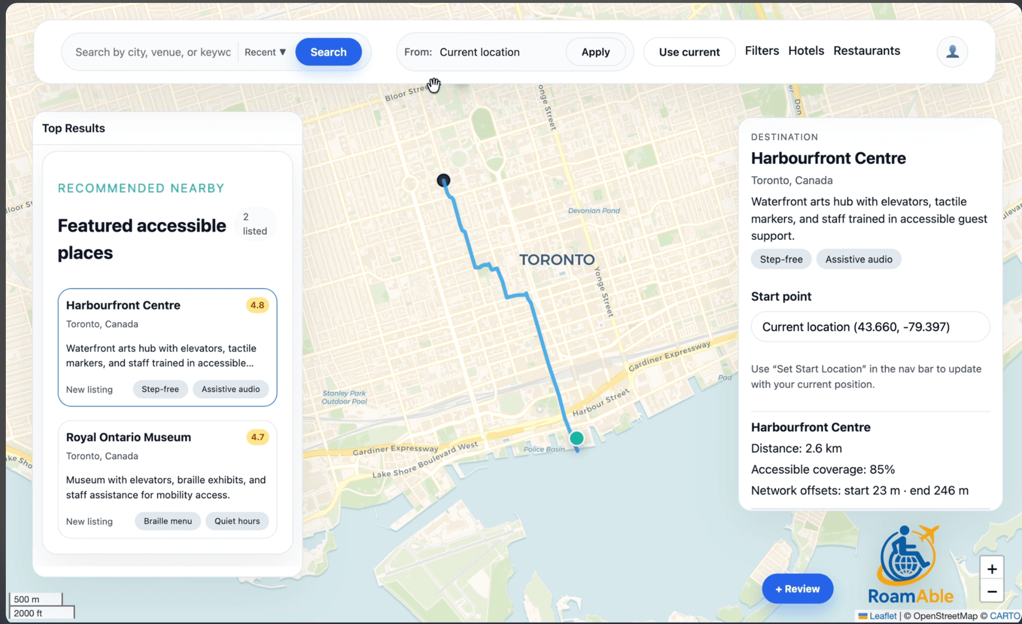 RoamAble accessibility map showing a route to Harbourfront Centre in Toronto