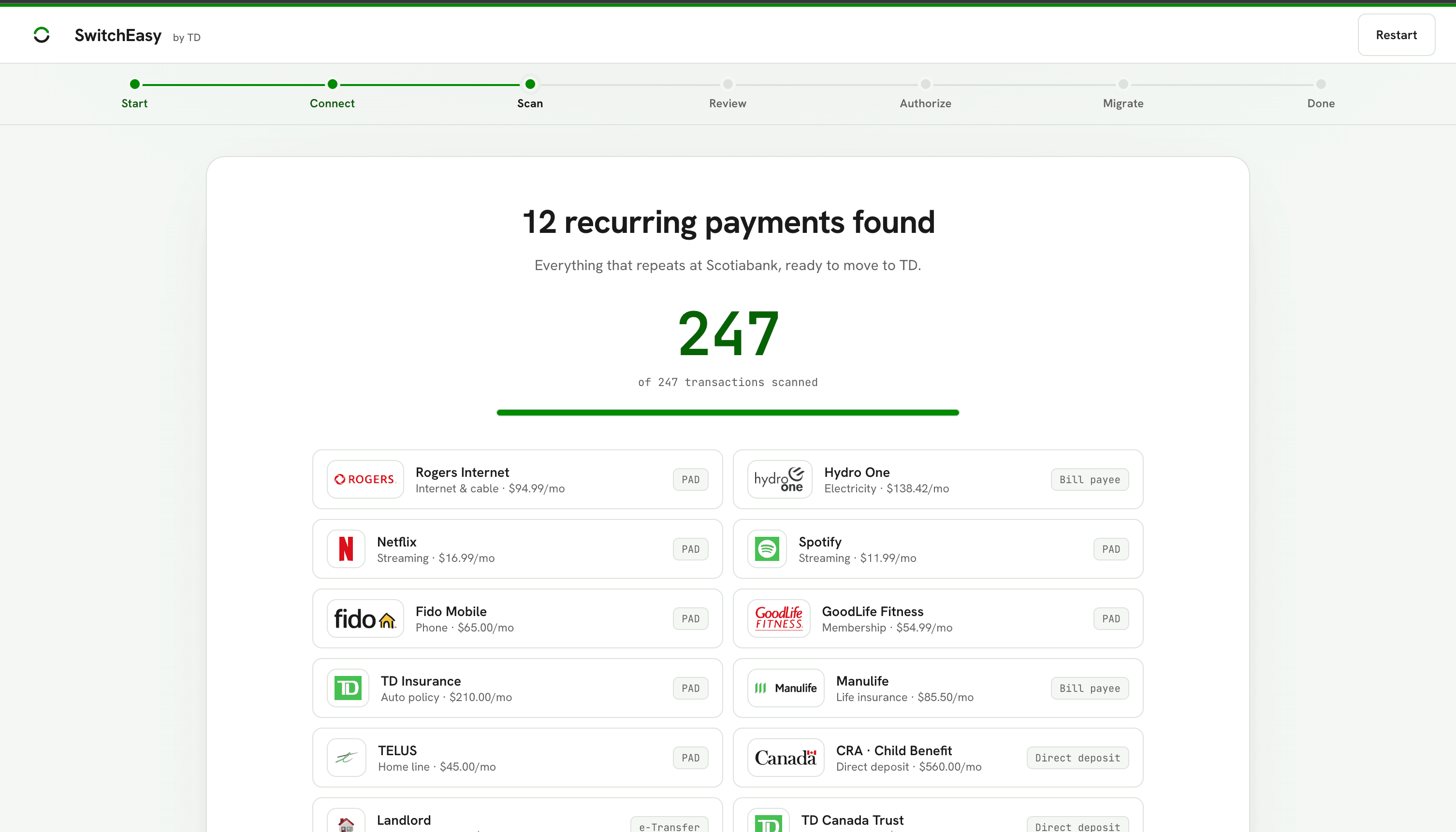 SwitchEasy interface scanning recurring payments before an account migration